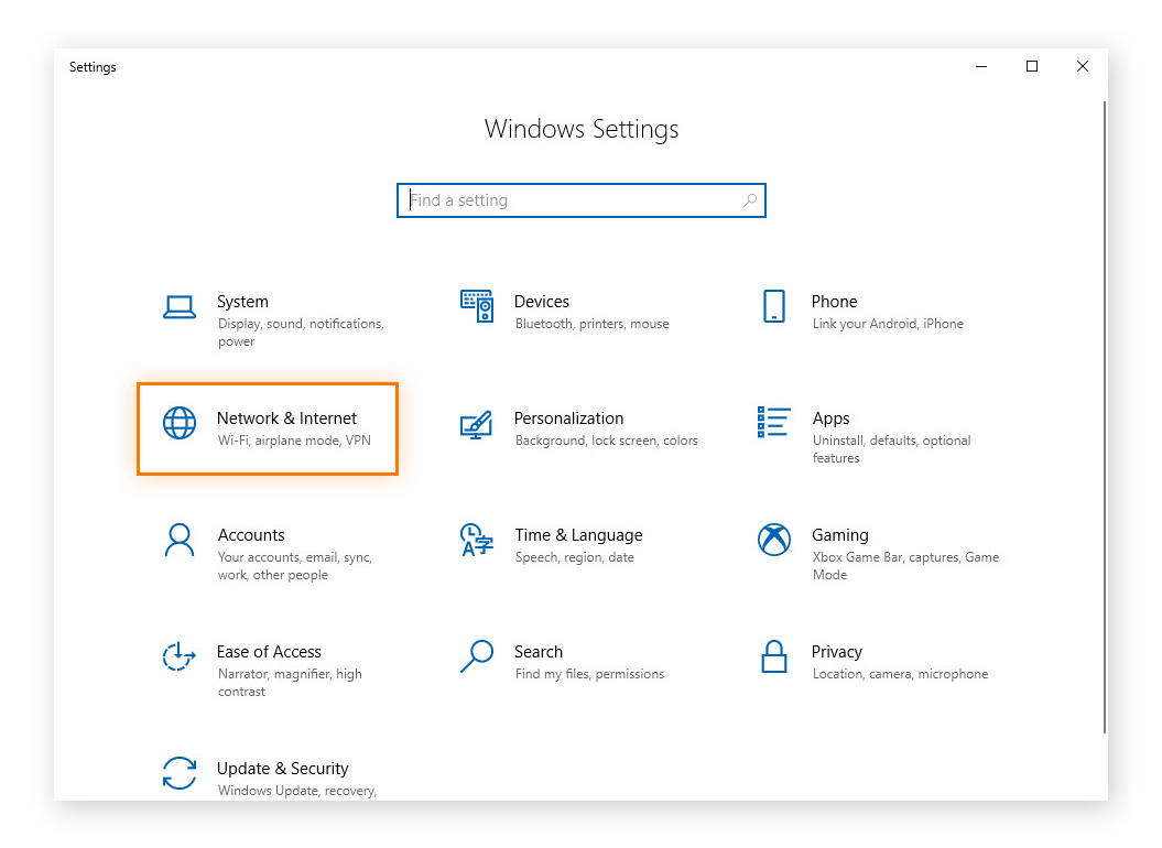 Select Network and Internet from Windows Settings in Windows 10.